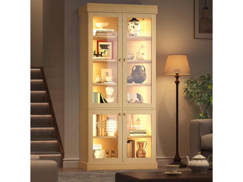  Armoire haute vitrine-buffet haut led éclairage d‘ambiance-étagères réglables bois anti-basculement double-80x40x180-noyer naturel  - Conforama A