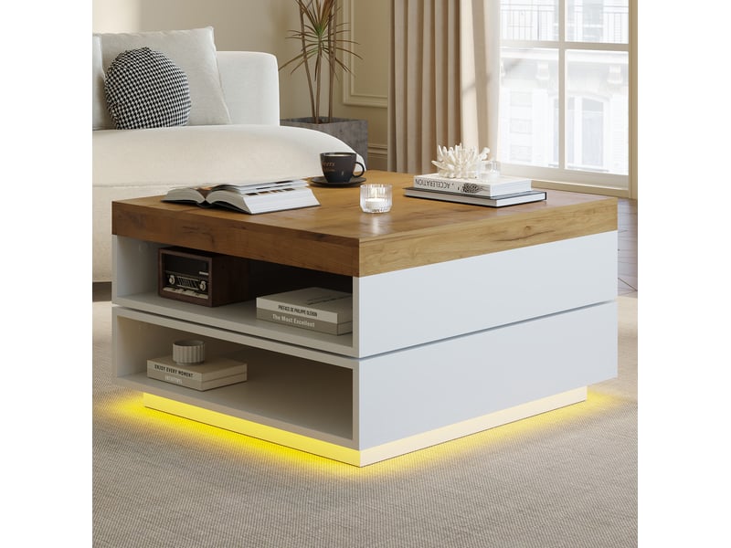  Table basse carrée avec plateau pivotant à 360° et led, avec espace de rangement, pour salon, 65 × 65 × 40 cm  - Conforama C