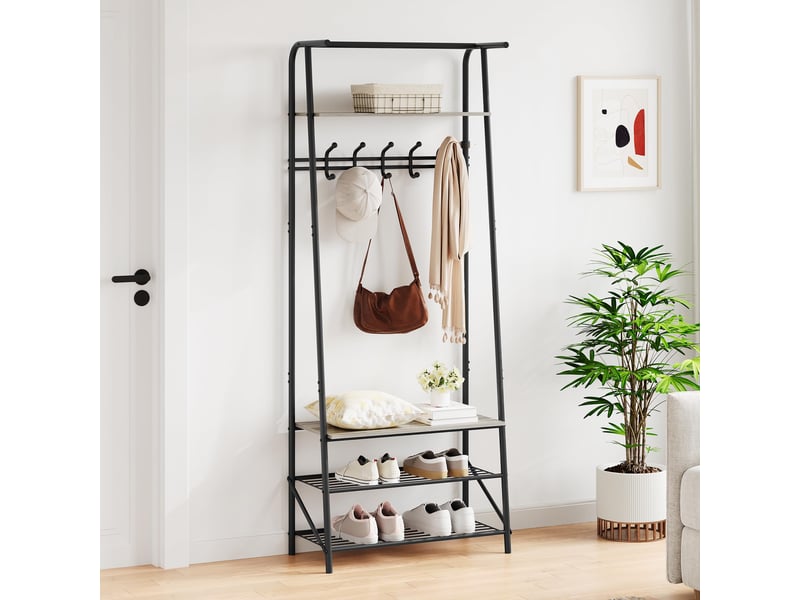  4-en-1 vestiaire d’entrée avec range chaussures, porte-manteau à 5 crochets, 180 x 63 x 30 cm, gris  - Conforama E