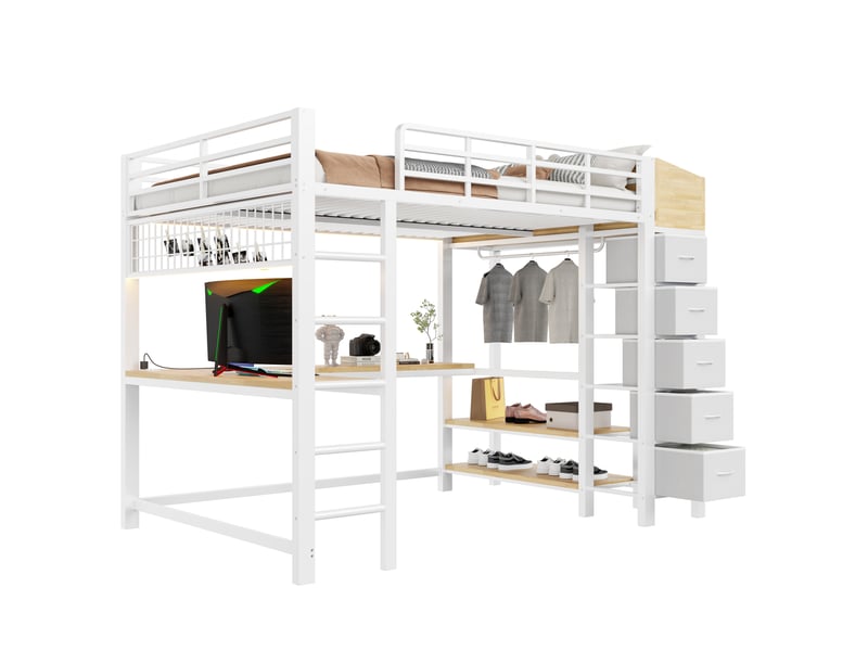  Lit mezzanine 140x200 cm, lit combiné, tiroirs de rangement, bureau intégré, penderie, éclairage led, ports usb et type-c, métal blanc OPULERANE TRADING LTD - Conforama A