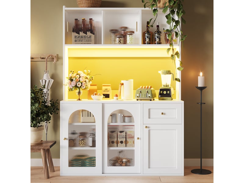 Buffet de cuisine blanc 167x120 cm, meuble haut avec portes vitrées coulissantes et éclairage led intégré pour cuisine moderne - Conforama B