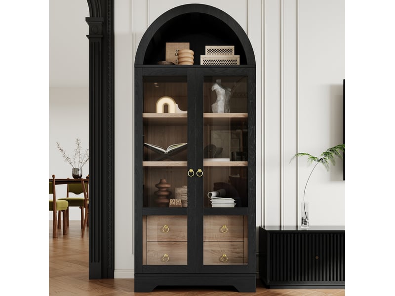  Buffet haut noir 76,2 x 40,1 x 180 cm avec portes en verre et étagères réglables  - Conforama B