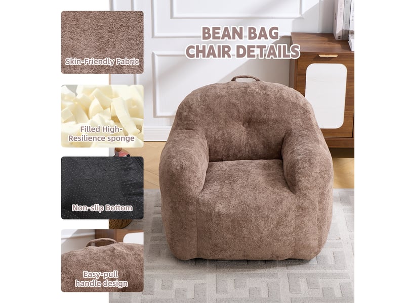 Fauteuil pouf 95x95x79 cm, garniture en éponge déchiquetée, revêtement fausse fourrure avec accoudoirs, pour salon, chambre ou lecture, kaki Sol Morn - Conforama E