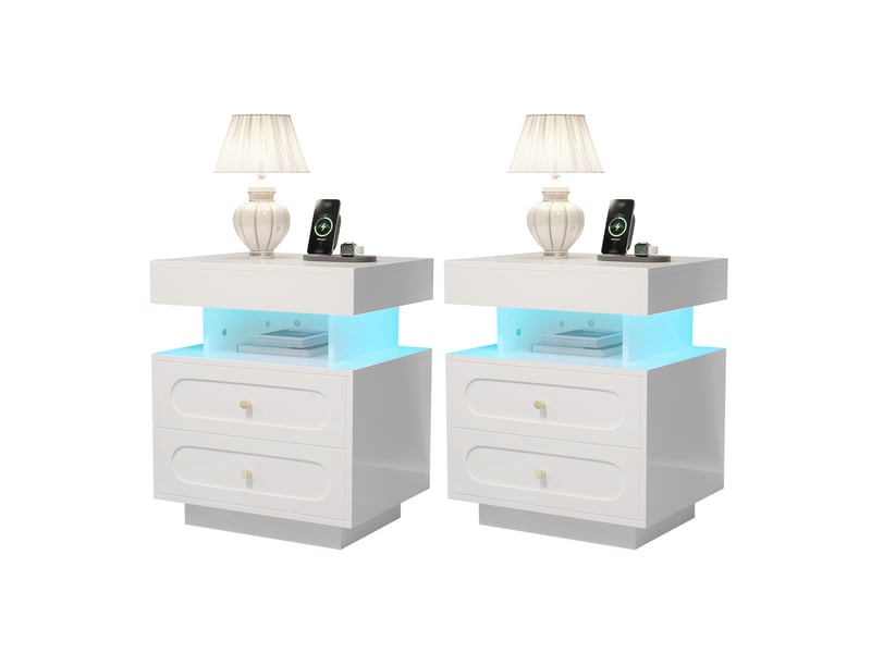  Table de chevet 50x40x60 cm avec led, 2 tiroirs et niche ouverte, blanc  - Conforama A