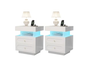 Table de chevet 50x40x60 cm avec led, 2 tiroirs et niche ouverte, blanc
