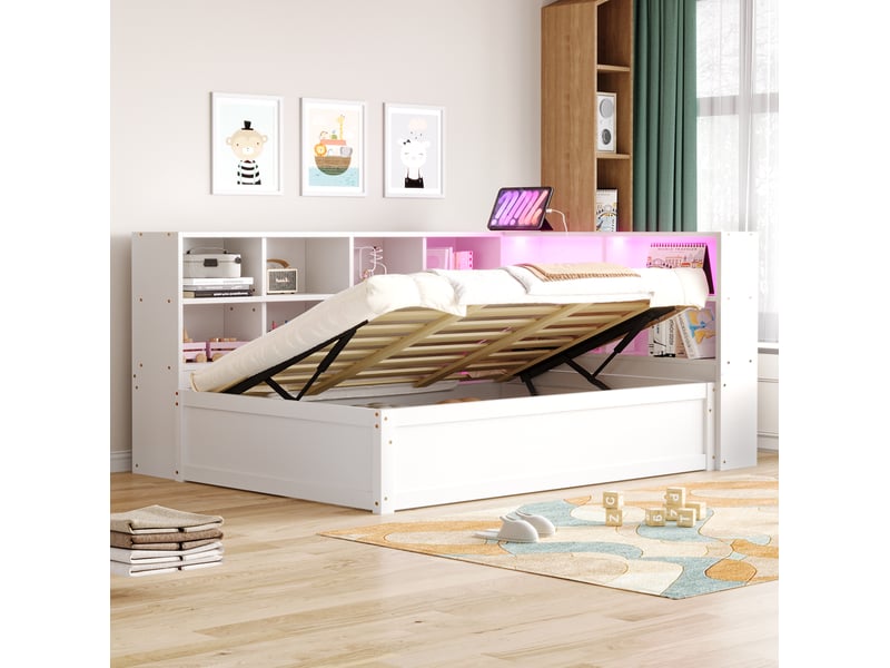  Lit coffre 90x200 cm, bois, éclairage led, rangements, prises intégrées, coloris blanc, sans matelas  - Conforama B