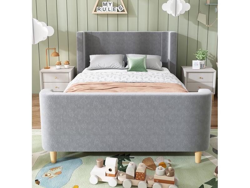 Modenvie lit enfant traineau 90x200 cm - velours à motif spatial, sommier inclus, sans matelas - gris - Conforama E