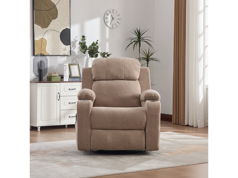 Fauteuil relax électrique pivotant 91x96x103cm- massage, chaleur et inclinaison électrique - porte-gobelets et poches - chenille - marron  - Conforama E
