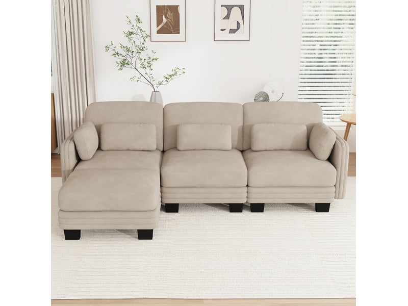  Canapé d’angle modulable 3 places 253x143x88 cm en chenille café clair  - Conforama B