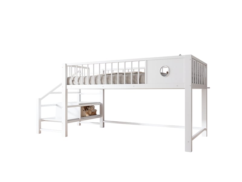  Lit mezzanine bas 90 x 200 cm, avec échelle de rangement, cadre métallique stable, pour enfants et adolescents, blanc  - Conforama A