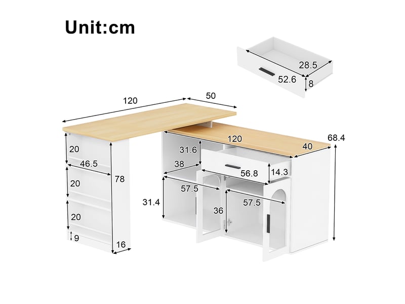 Îlot de cuisine blanc en mdf, plateau pivotant à 360°, format bar et buffet, rangement modulable, 136 × 50 × 78 cm - Conforama B