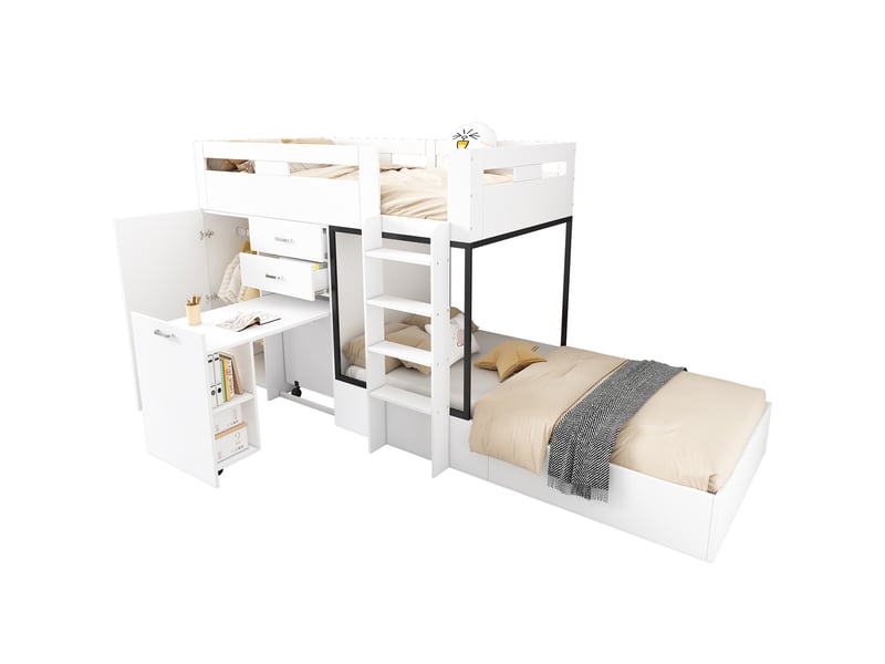  Lit superposé enfant 90x200 cm – blanc et noir – bureau coulissant, armoire et 2 tiroirs – sans matelas  - Conforama A