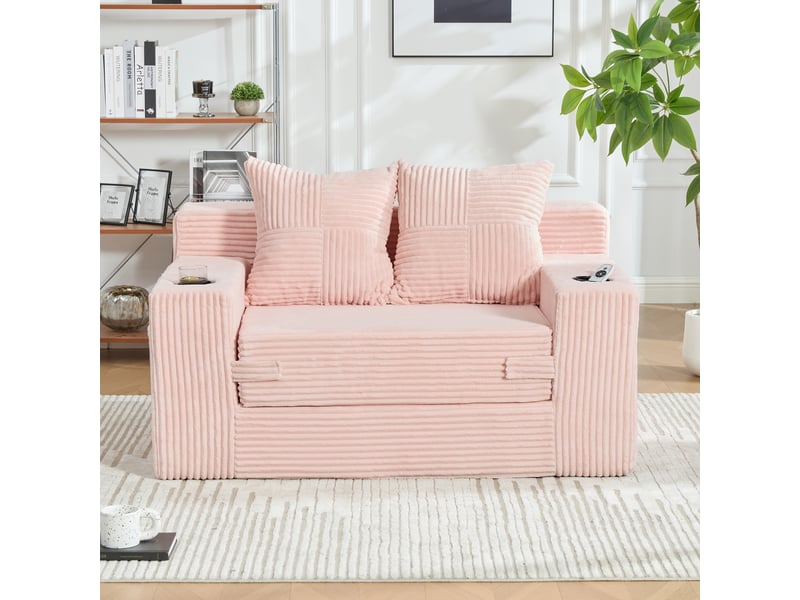 Canapé-lit deux places avec deux coussins et un porte-gobelet - rose - Conforama D