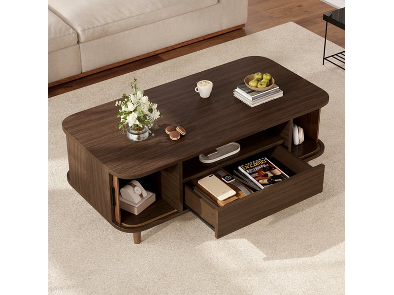  Table basse 100x50x35 cm coloris noyer avec 1 tiroir et 2 portes roulantes  - Conforama D