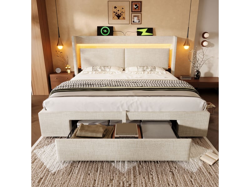  Lit coffre 140x200 cm, rangement hydraulique, tiroirs, tête de lit avec rangement, éclairage led, usb et usb-c pour chambre - beige  - Conforama E