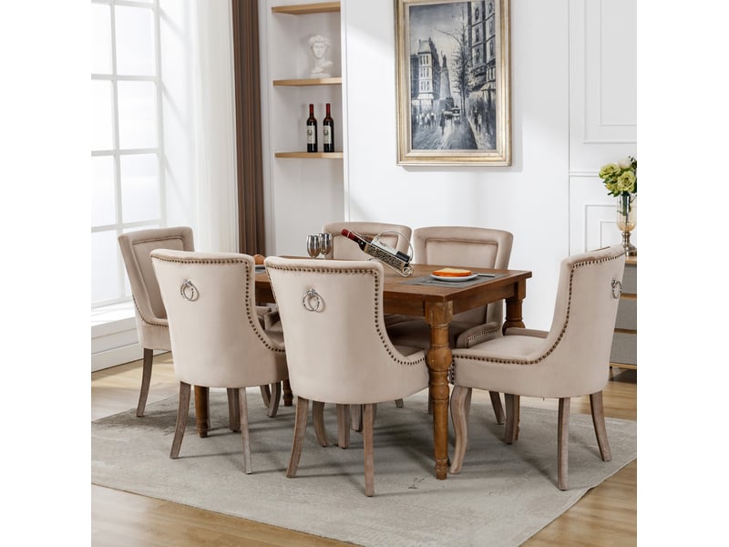  Lot de 6 chaises de salle à manger en velours beige avec dossier incurvé  - Conforama D