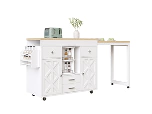Desserte de cuisine extensible 110-180 cm avec roulettes, mdf blanc et tiroirs