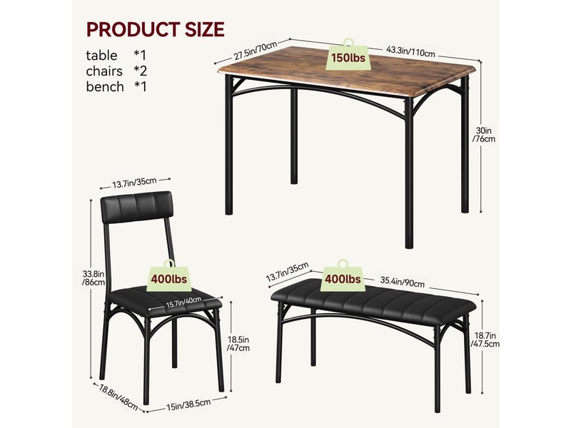  Ensemble salle à manger 4 pièces : table bois, 2 chaises rembourrées, banc – confort pour appartement ou petit espace – noir cBc-2kpg3q0Y-21tX-G - Conforama E
