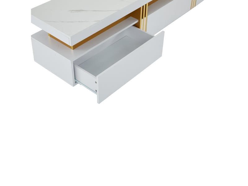  Meuble tv bas 200x40x42 cm, plateau motif marbre en mdf, 3 tiroirs, panneau de particules, blanc  - Conforama E