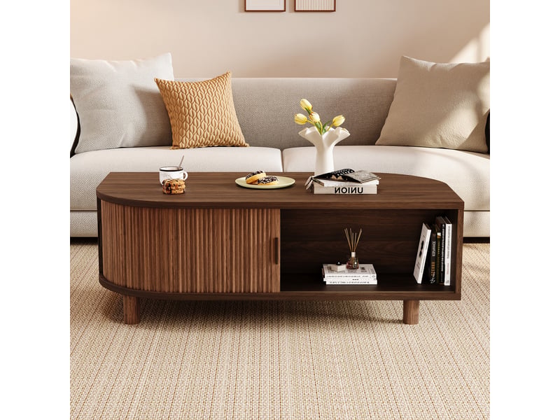  Table basse 100x50x35 cm avec 2 portes à rideau et rangements, table de salon aux angles arrondis avec pieds en bois, mdf, charge 30 kg, noyer OPULERANE TRADING LTD - Conforama E