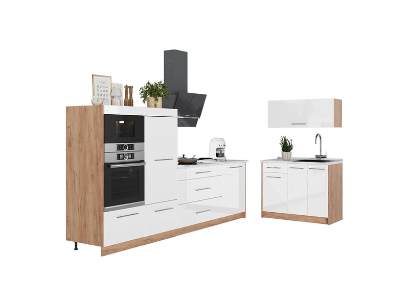 Vicco cuisine, blanc haute brillancechêne de force doré, 380cm, pt anthracite - Conforama E