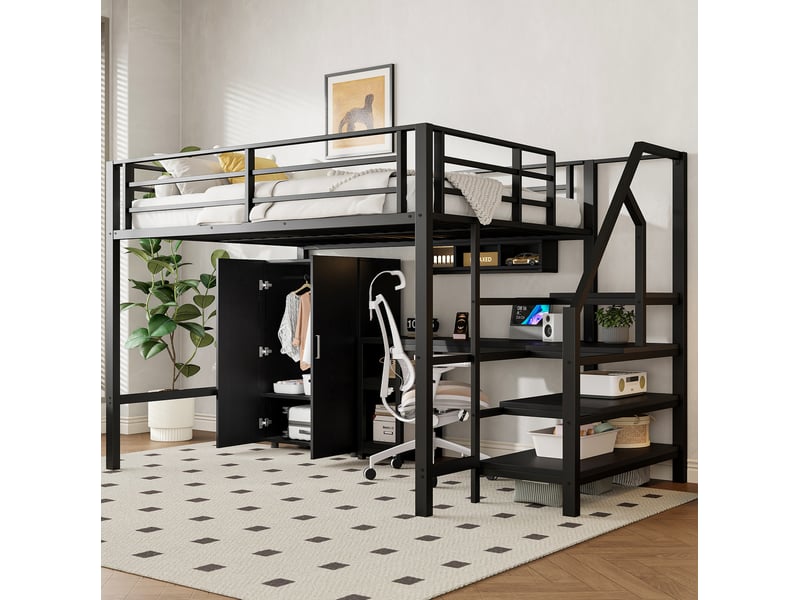  Lit mezzanine enfant 140x200 cm avec bureau et armoire coloris noir  - Conforama B