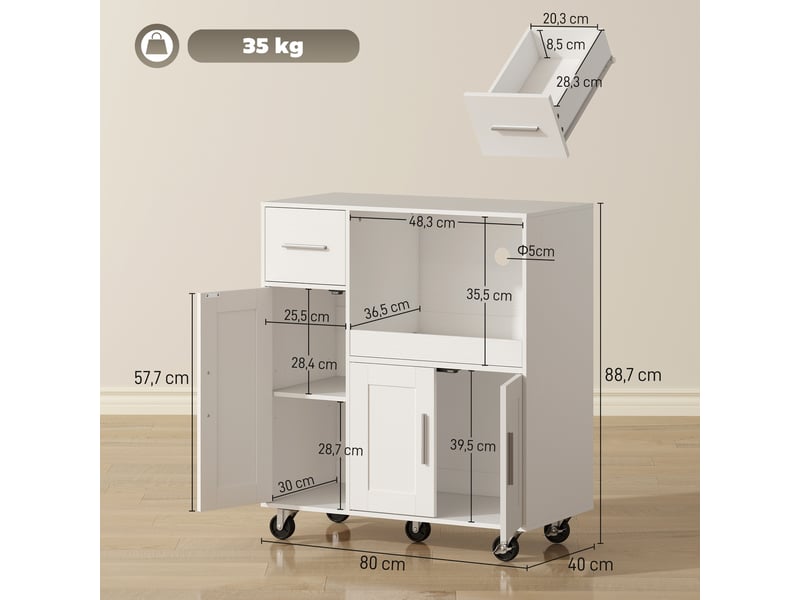 Desserte cuisine à roulettes, meuble micro onde, plateau coulissant, tiroir, placards 3 portes, blanc, 80x40x88,7cm - Conforama C