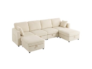 Canapé 4 places avec 2 poufs de rangement, canapé d'angle modulable en u 306 cm en velours côtelé, 4 coussins, crème