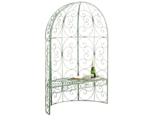 Banc de jardin avec arche à rosiers en métal vert vieilli style vintage mdj10185