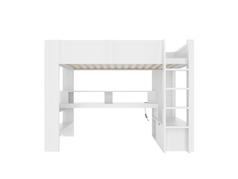 Lit mezzanine gaming blanc 90 × 200 cm, bureau, led, tiroir et étagères - Conforama A