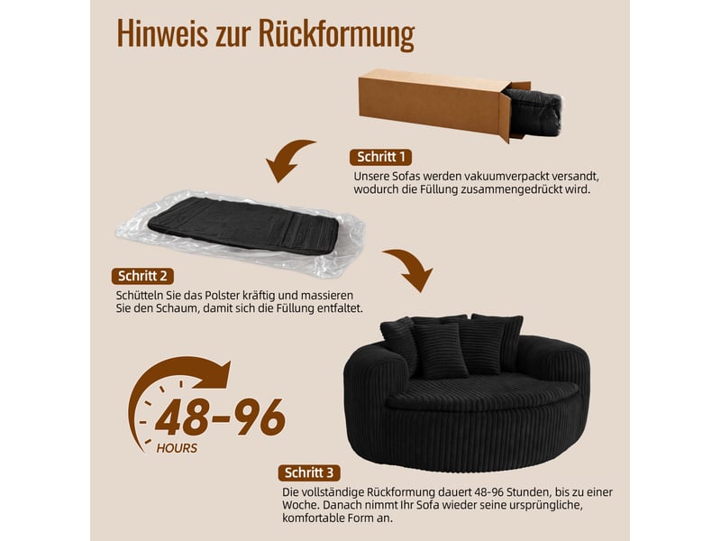  Fauteuil 145x133x59 cm 5 coussins velours côtelé noir  - Conforama D