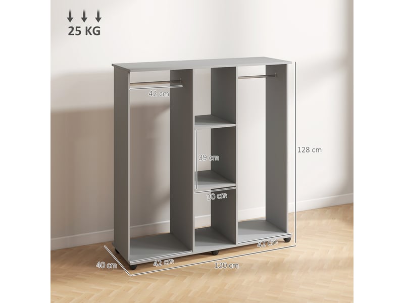  Armoire penderie meuble de rangement mobile 6 roulettes 120 x 40 x 128 cm gris en bois  - Conforama C