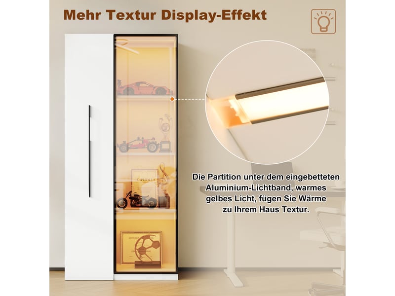  Armoire multifonction 160 cm blanche, vitrine avec éclairage led et bibliothèque coulissante, meuble de rangement pour salon et salle à manger.  - Conforama R