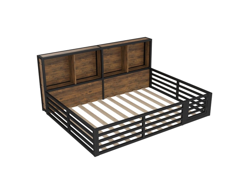 Lit banquette 140x200 cm barrière ouvrante rangements latéraux led intégré sommier à lattes mdf métal noir sans matelas - Conforama R
