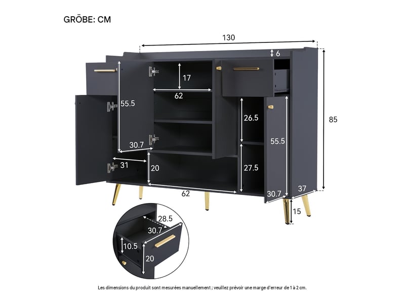  Meuble à chaussures 4 portes et 2 tiroirs en panneau de particules noir 130x37x100 cm - pangivo  - Conforama C