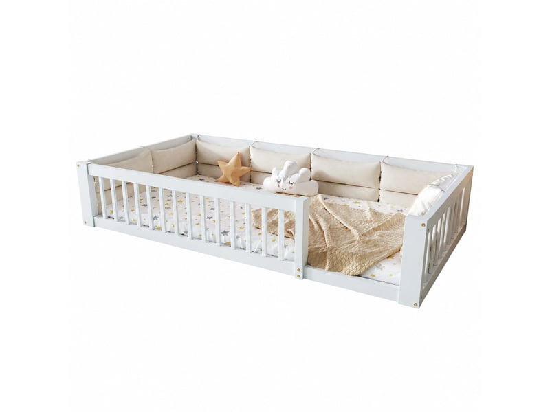  Lit enfant 90 x 200 cm avec barrières de sécurité et coussins, blanc  - Conforama A