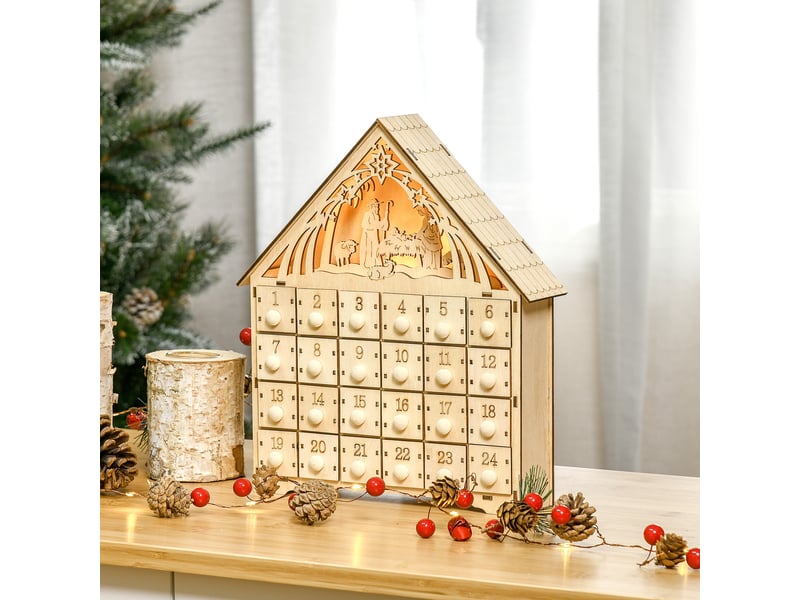  Calendrier de l'avent à remplir en bois, décoration de noël avec 24 tiroirs et 5 lumières led, 26,6x6x30cm, bois naturel  - Conforama C