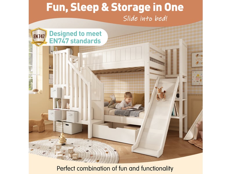 Lit superposé enfant 90x200 cm – blanc – toboggan, escalier avec rangements et grands tiroirs, sans matelas  - Conforama E