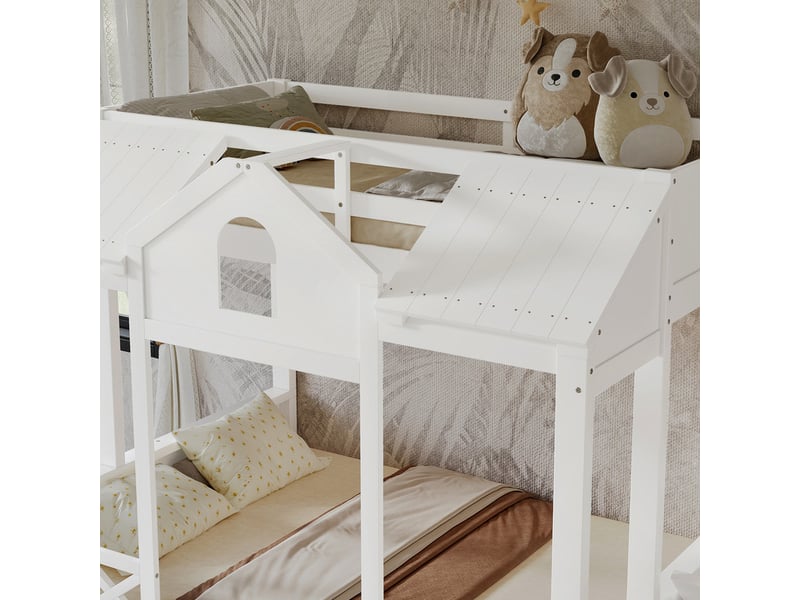  Lit superposé, 90 x 200 cm ,  avec 4 compartiments de rangement, pin + mdf + contreplaqué, blanc  - Conforama E