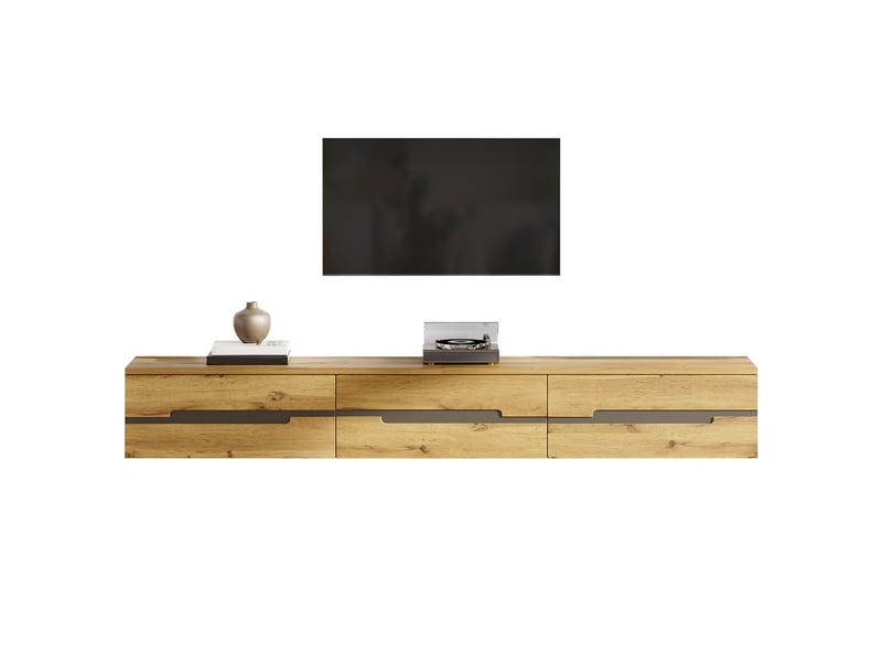  Meuble tv suspendu, 160 x 30 x 25,5 cm, aspect bois, avec 3 tiroirs et poignées invisibles, pour salon  - Conforama A