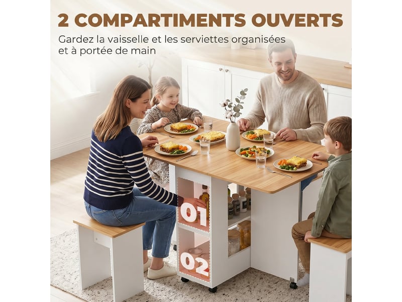 Ensemble table salle à manger pliante avec 4 chaises, roulettes, table de cuisine avec chaises pour 4 personnes, chêne  - Conforama R