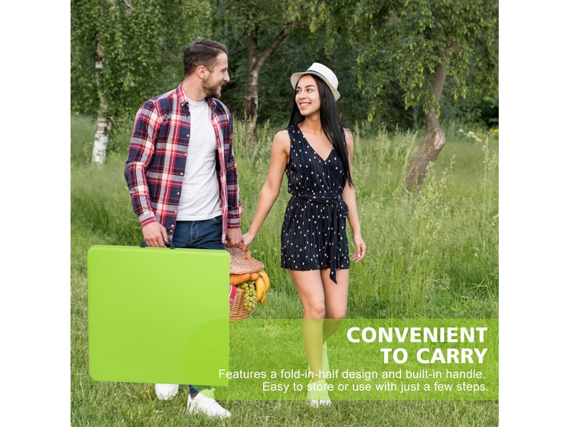 Table pliante ulevr réglable en hauteur 125 × 61 cm, portable avec poignée, plateau vert en plastique et pieds en acier - Conforama D