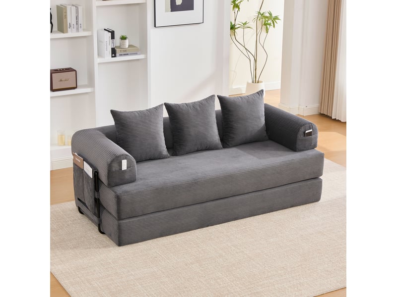  Canapé convertible 3 places, poches latérales et 3 coussins,  pour salon avec combinaison métal et tissu  - Conforama D