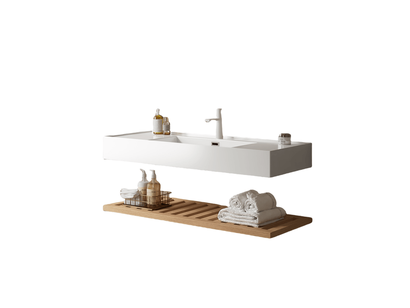  Meuble sous vasque suspendu avec lavabo intégré et étagère ouverte, en résine et bois, salle de bain, 132×58×36 cm  - Conforama E