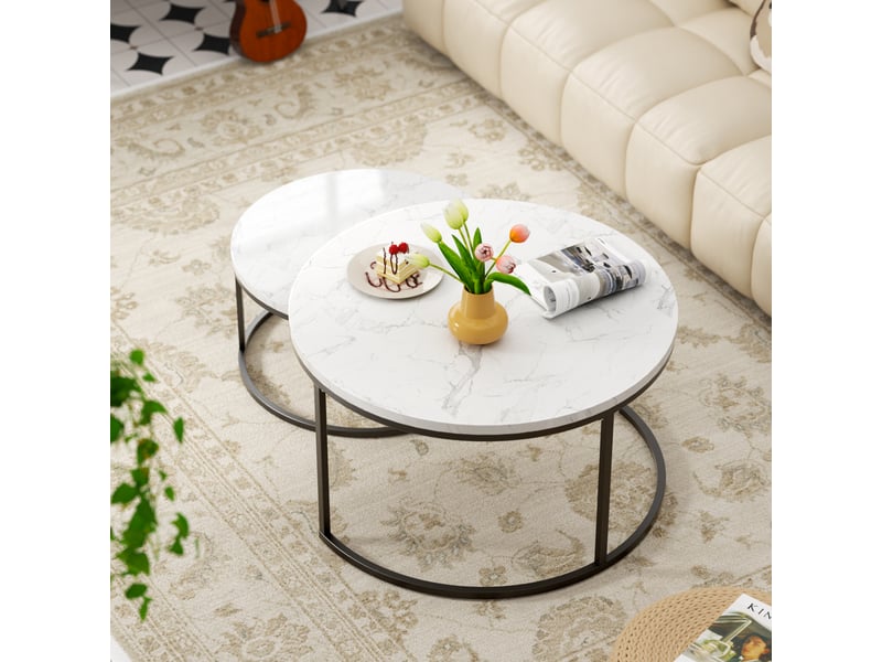  Lot de 2 tables basses blanc et noir effet marbre avec structure en fer  - Conforama C