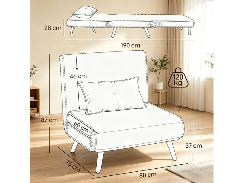  Fauteuil convertible clic-clac 1 place vert en tissu, dossier réglable 5 positions avec coussin, lit d'appoint  - Conforama C