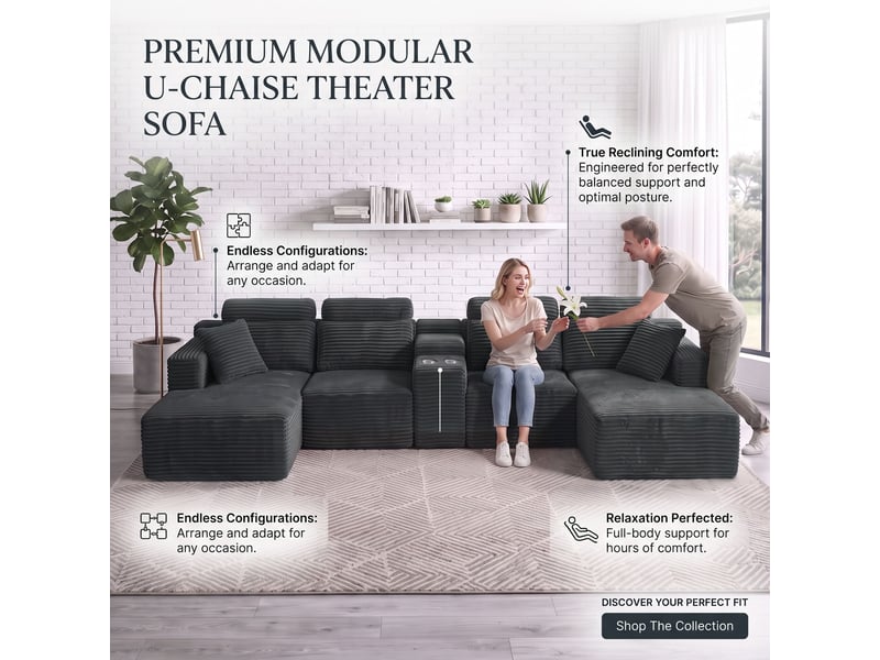  Canapé modulable en u 372 cm, canapé panoramique en velours côtelé, assise profonde, 2 porte-gobelets intégrés  - Conforama E