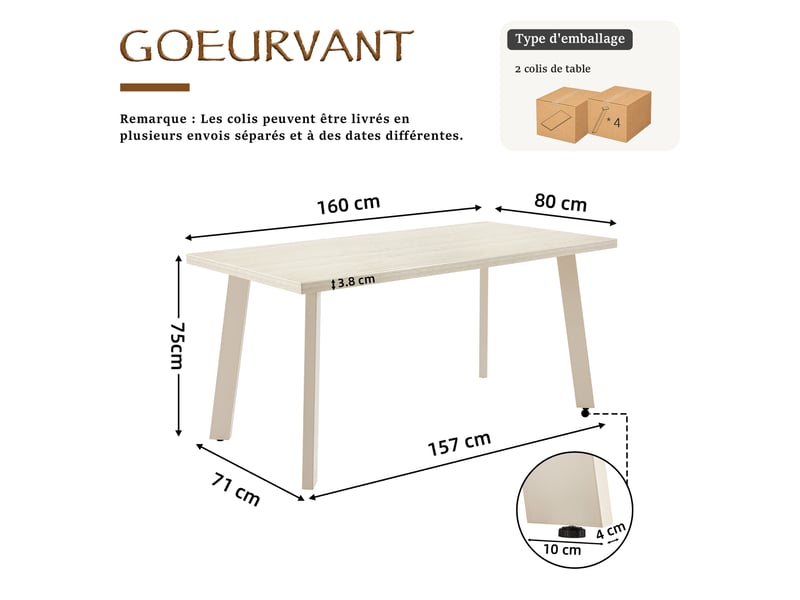 Table de salle à manger - plateau monobloc et pieds inclinés en métal avec patins réglables - travertin - Conforama C