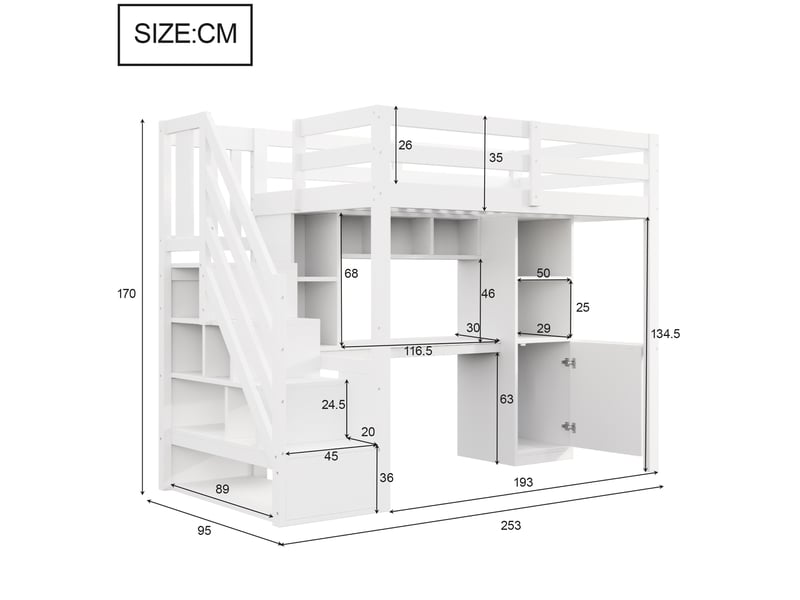  Lit mezzanine enfant 90x200 cm avec bureau, escalier avec rangement, led, prises électriques, étagères, barrières hautes, blanc Radiant Stride - Conforama C