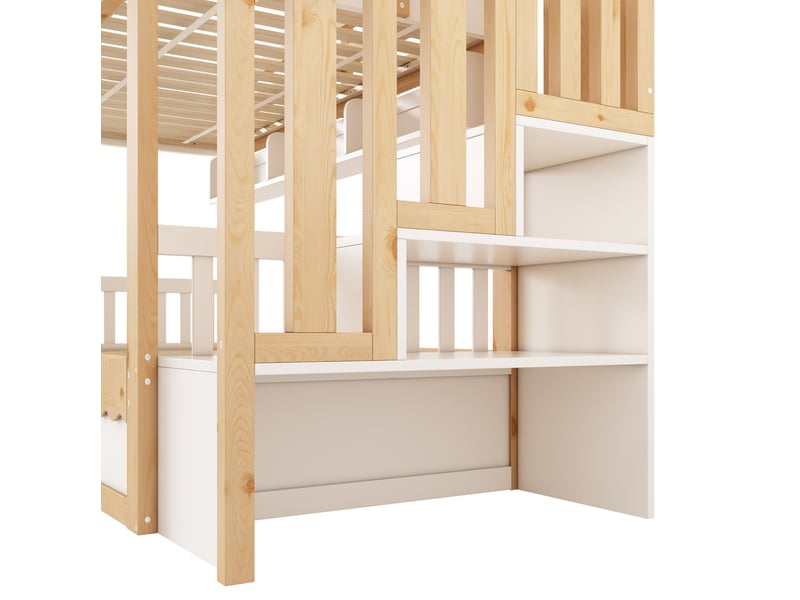  Lit superposé enfant 2 couchages 90 x 200 cm blanc et chêne, en bois, rangement hydraulique et escalier  - Conforama E